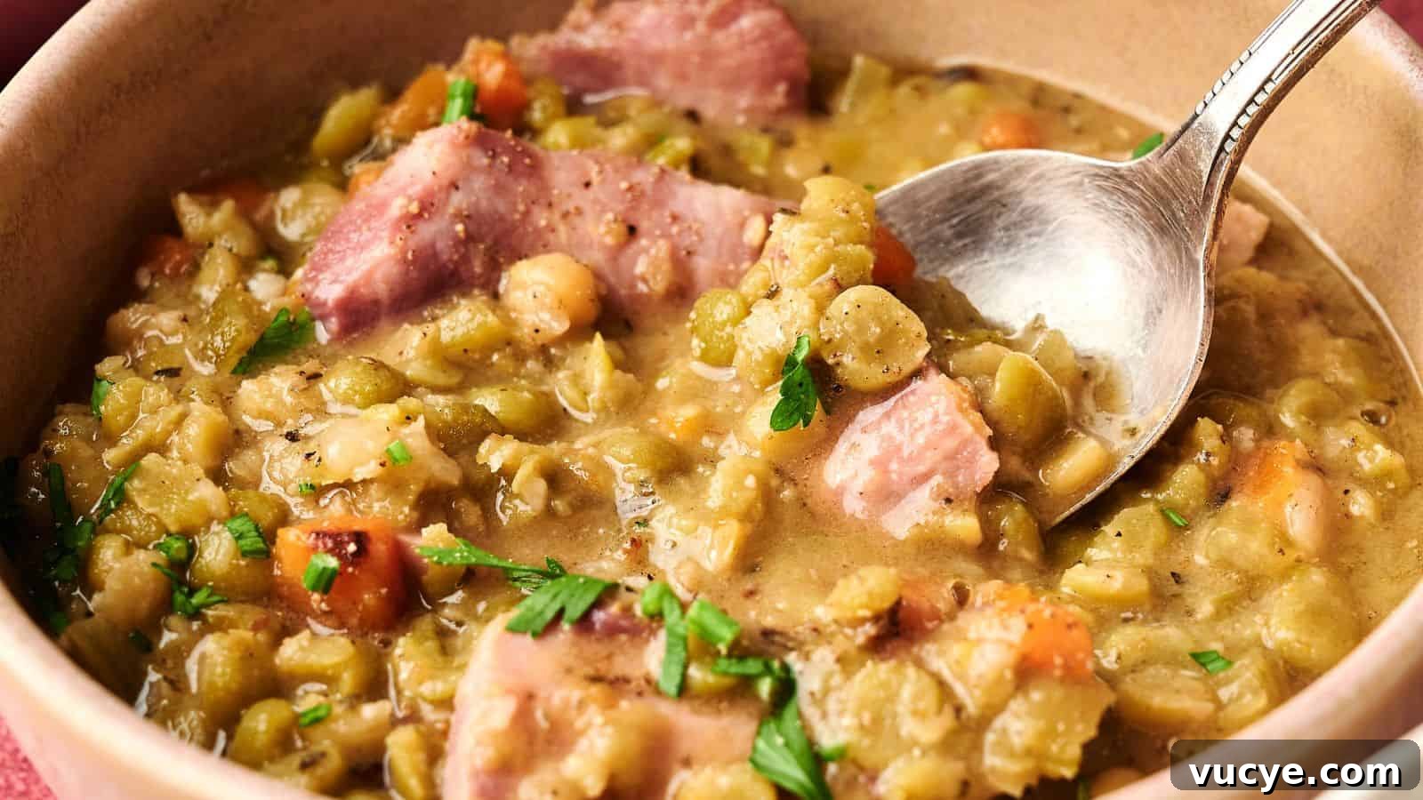 A bowl of split pea soup with chunks of ham, diced carrots, and herbs, with a spoon resting inside.