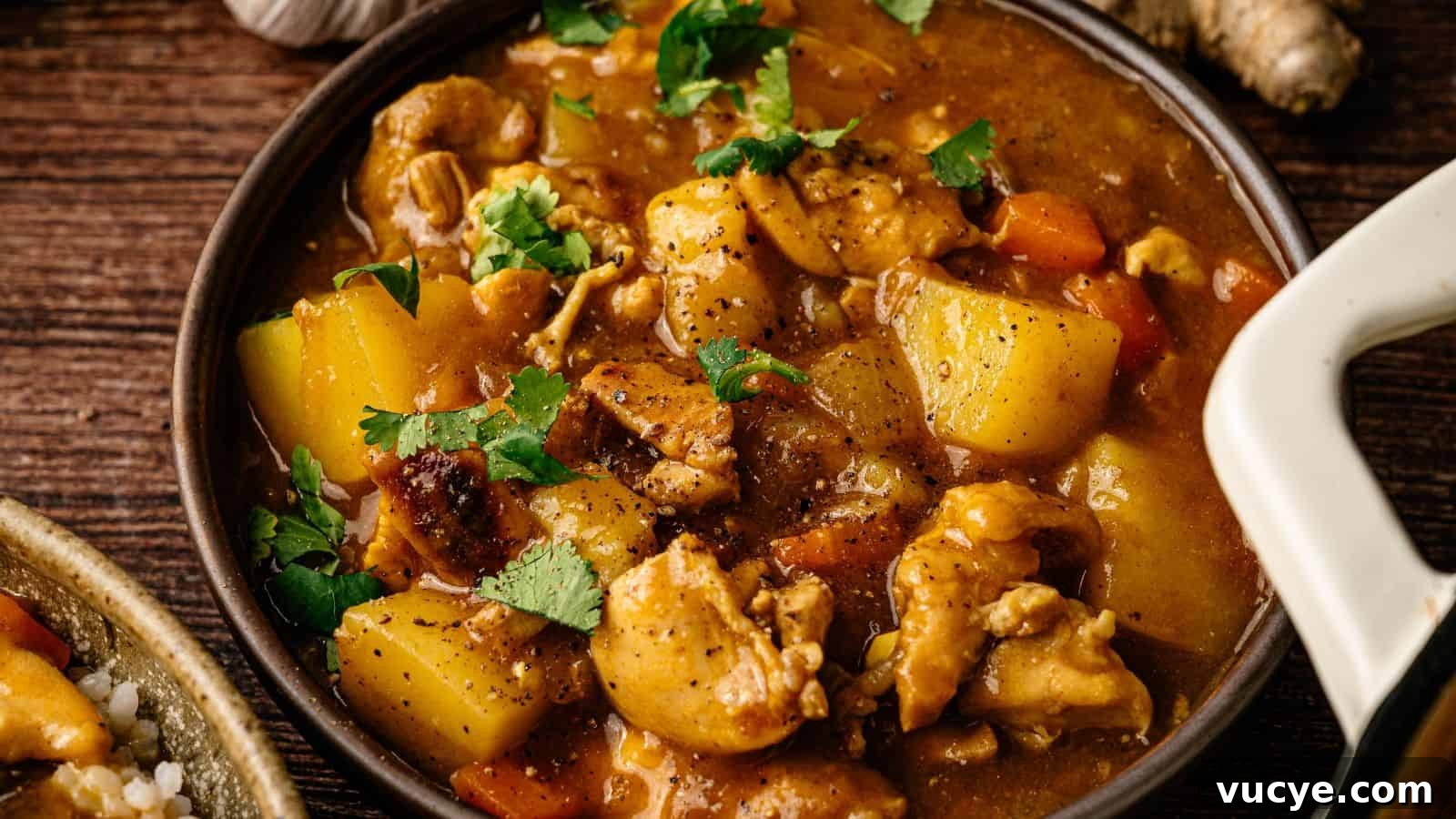 A bowl of chicken stew with chunks of potato and carrot, garnished with chopped cilantro, on a wooden surface.