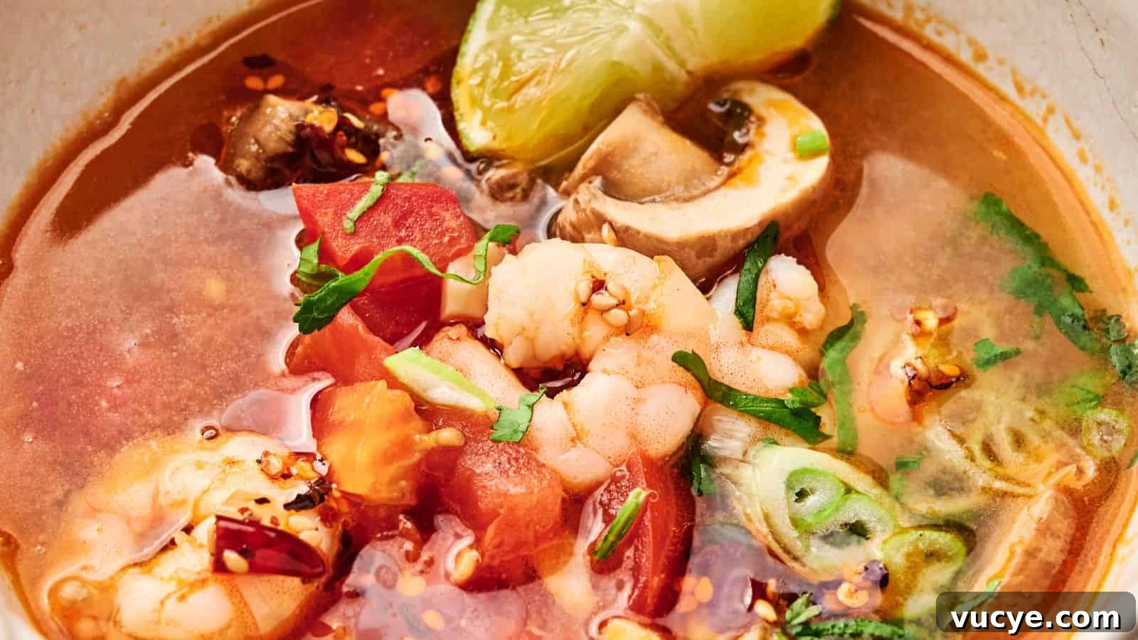 Close-up of a spicy tom yum soup with shrimp, mushrooms, tomato chunks, lime wedge, and chopped herbs in a rich, red broth.