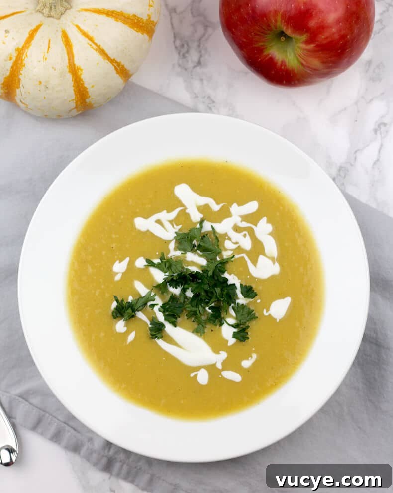 A bowl of butternut squash soup drizzled with sour cream and parsley.