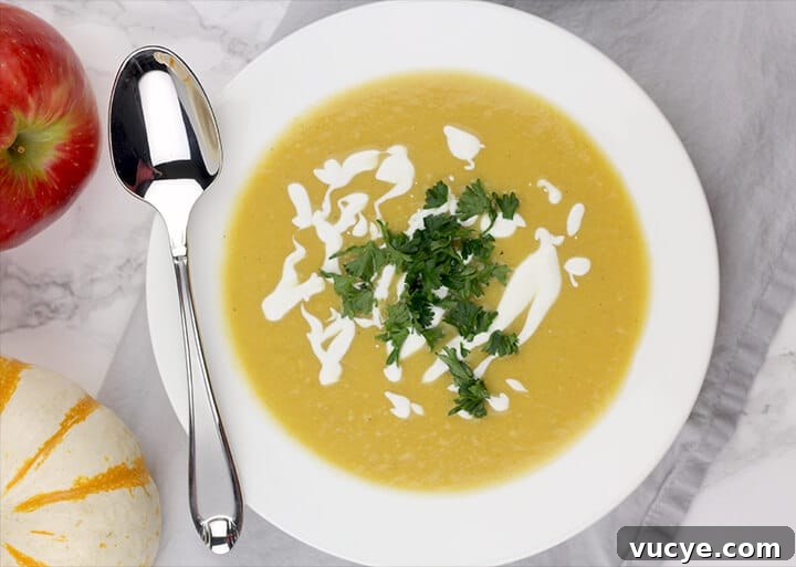 Butternut squash soup in a bowl with a spoon on the side.