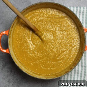 Butternut Squash Soup in a large pot on a grey board with a striped towel.