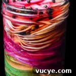 Crunchy Tangy Pickled Radishes Ready in Minutes 5 Close-up of a glass mason jar of quick pickled radishes with peppercorns and other spices in brine, dark background.