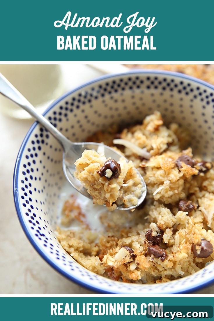 Almond Joy Baked Oatmeal Recipe – Coconut, Almond & Chocolate Breakfast 9 Pinterest picture with the text of the title of the recipe at the top.