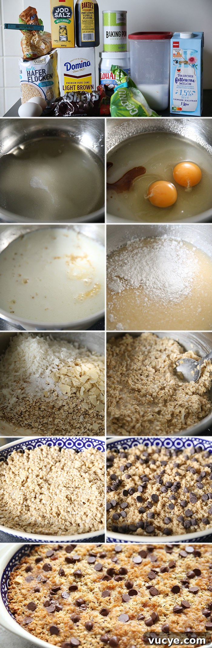 Almond Joy Baked Oatmeal Recipe – Coconut, Almond & Chocolate Breakfast 6 10-photo picture collage of step-by-step photos of how to make Almond Joy Baked Oatmeal.
