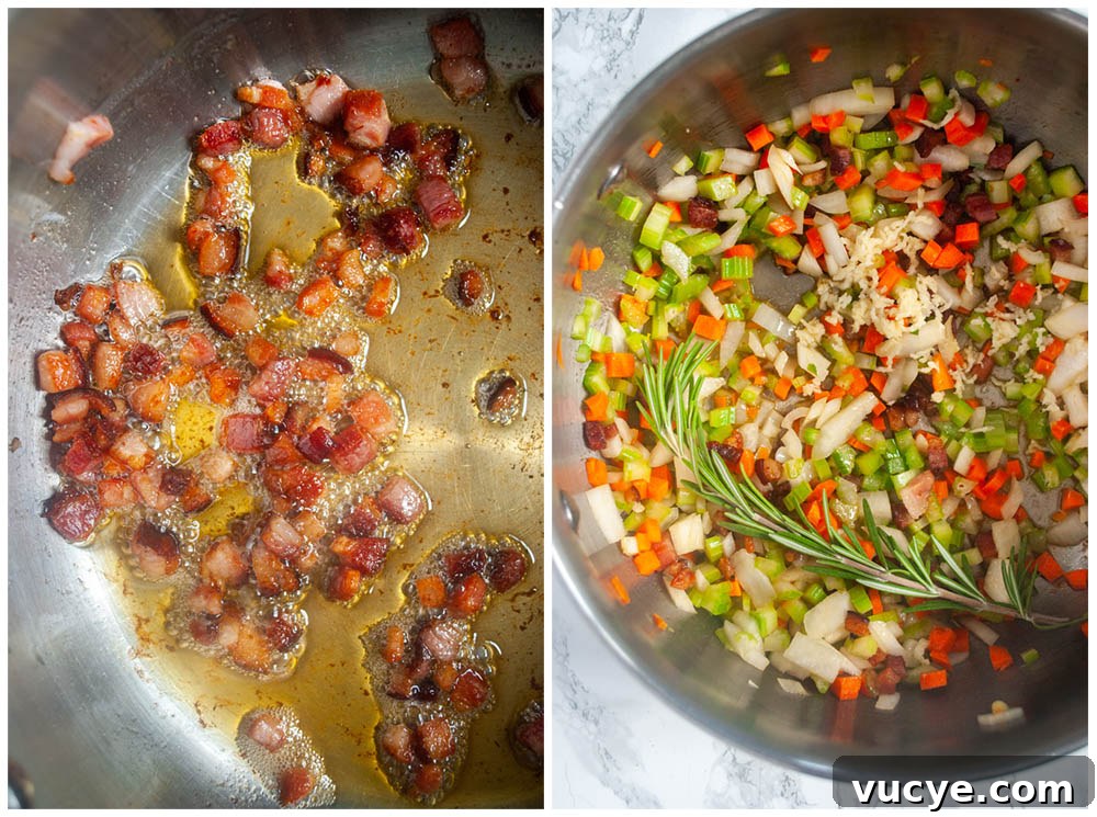 sautéing pancetta and veggies for tuscan bean soup