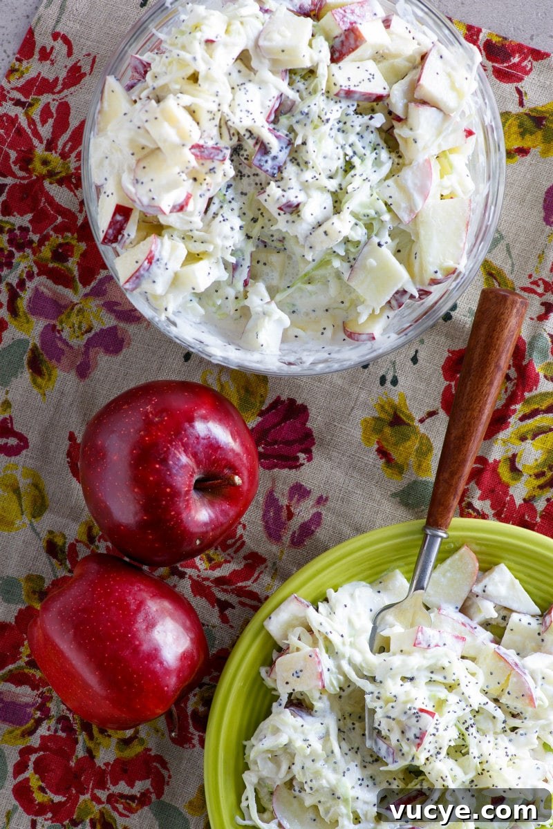 Apple Cole Slaw overhead shot of apple cole slaw in a serving bowl and on a green salad plate. red apples on the side. set on a floral tablecloth