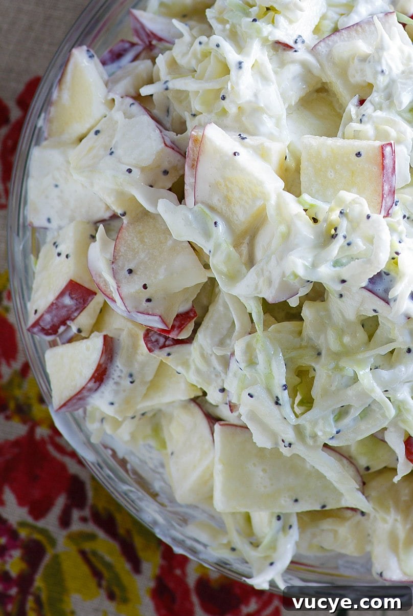 Apple Cole Slaw overhead close up of apple cole slaw in a bowl
