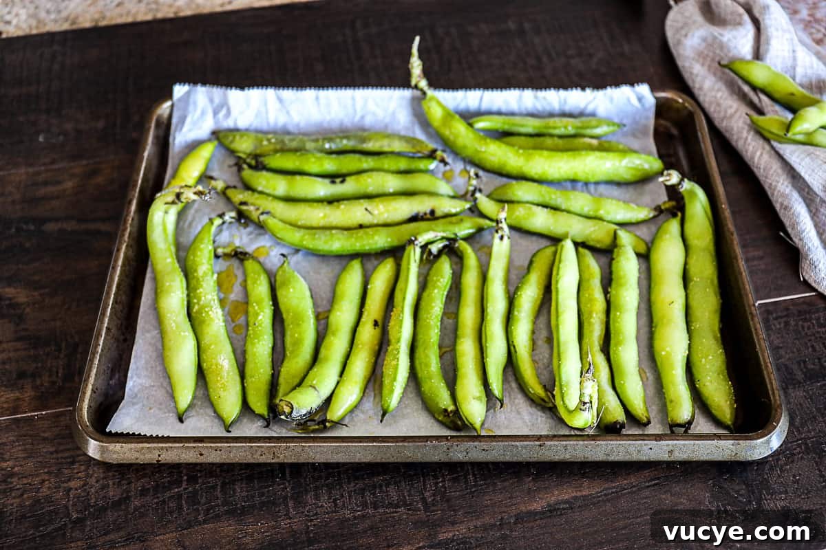 Fresh Fava Bean Pods seasoned on a sheet tray