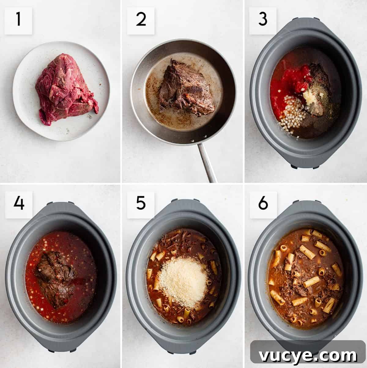 six panel collage image showing the process of making crockpot chuck roast rigatoni soup