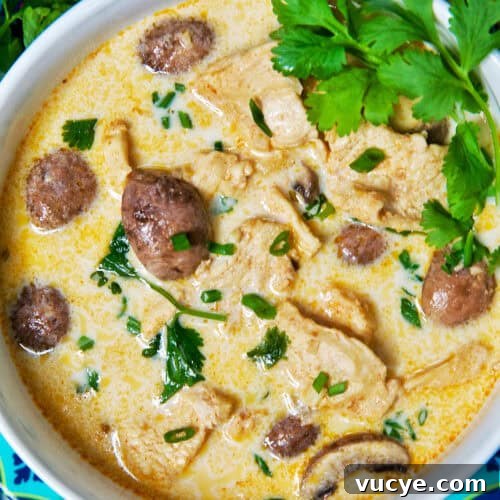 bowl of Thai Coconut Chicken Soup (Tom Kha Gai).