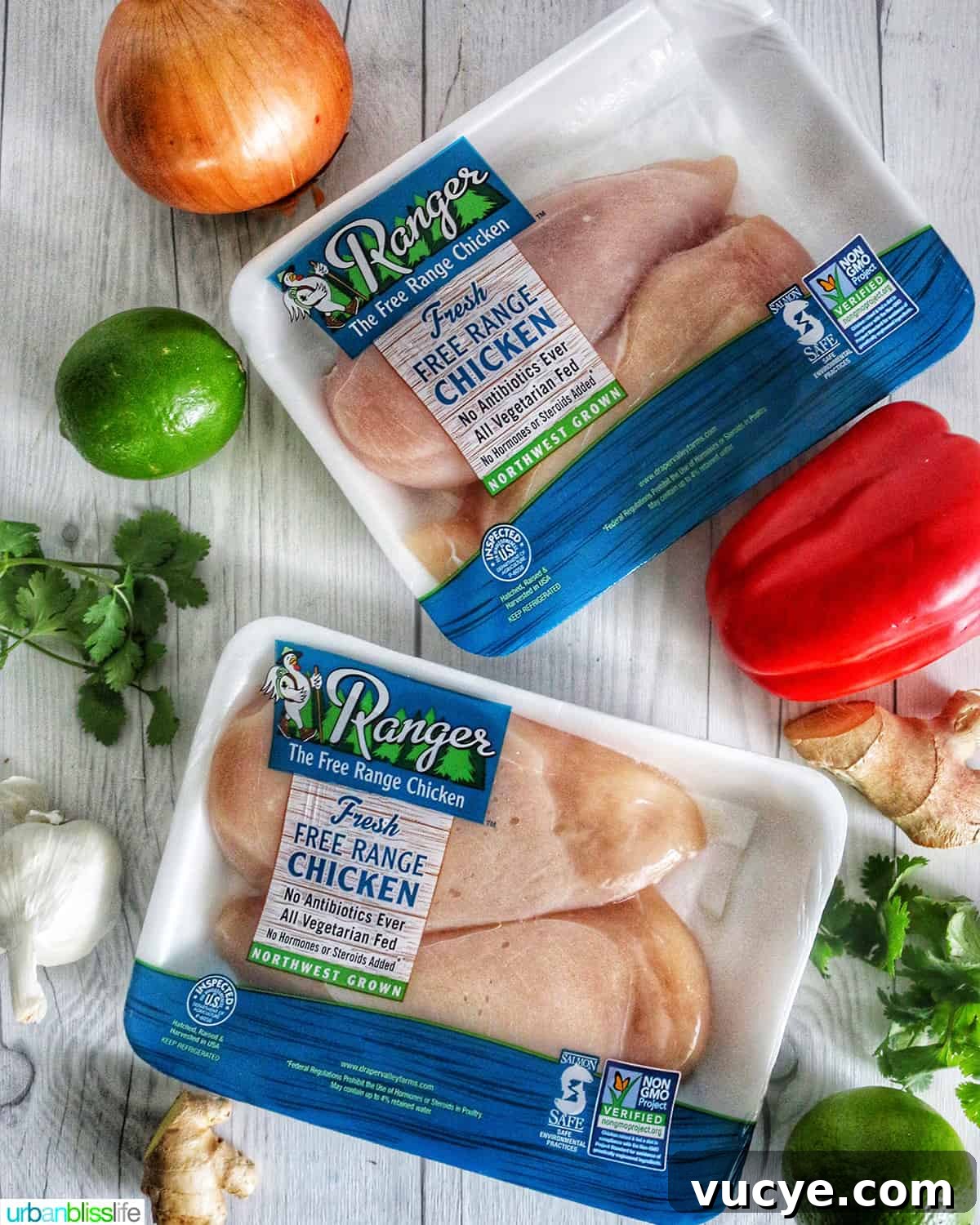 two packages of chicken surrounded by fresh vegetables.