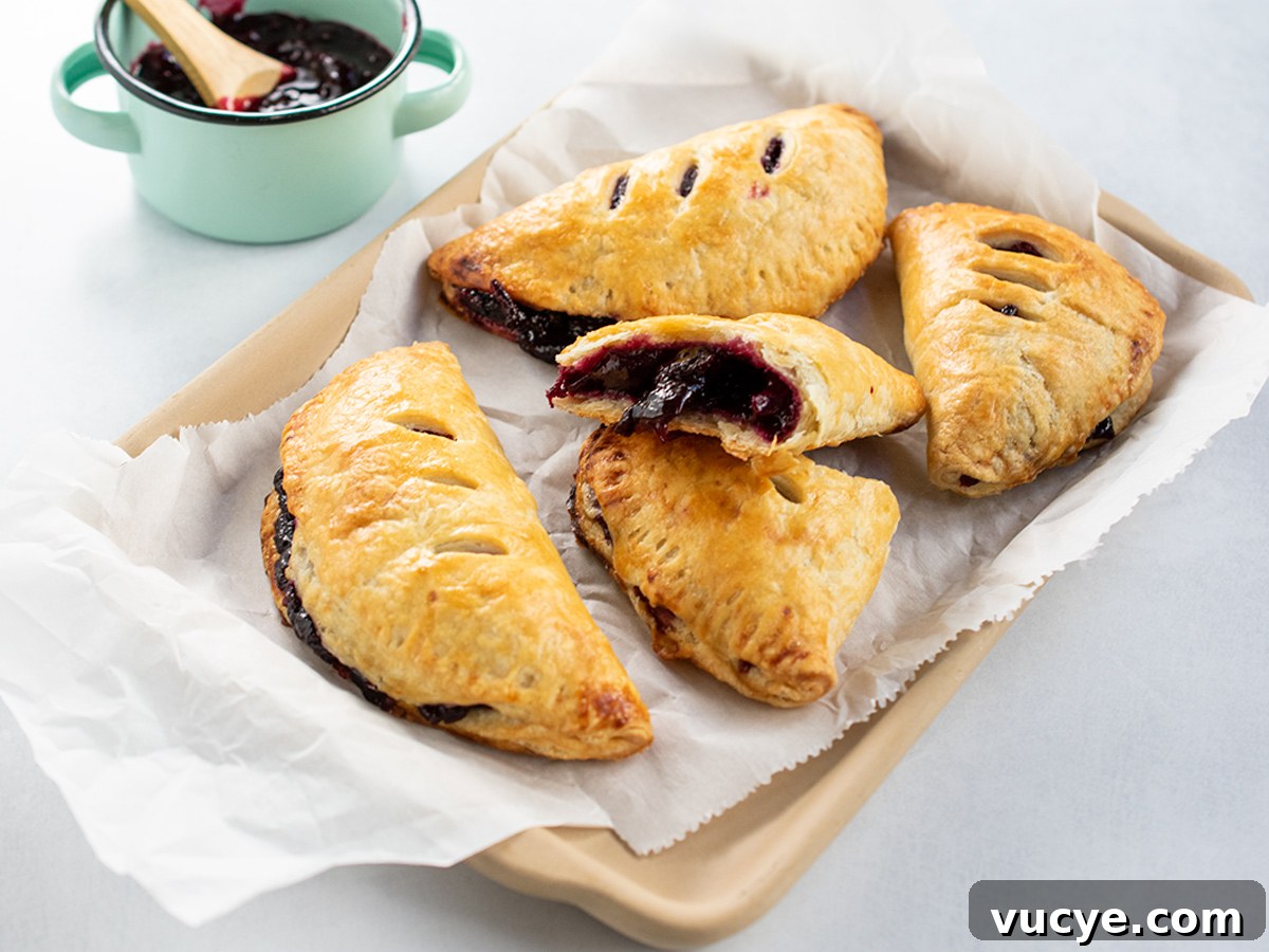 Mini Cherry Hand Pies: Bite-Sized Fruit Pastries Recipe 10 Landscape angle view of baked hand pies with extra filling in the background.