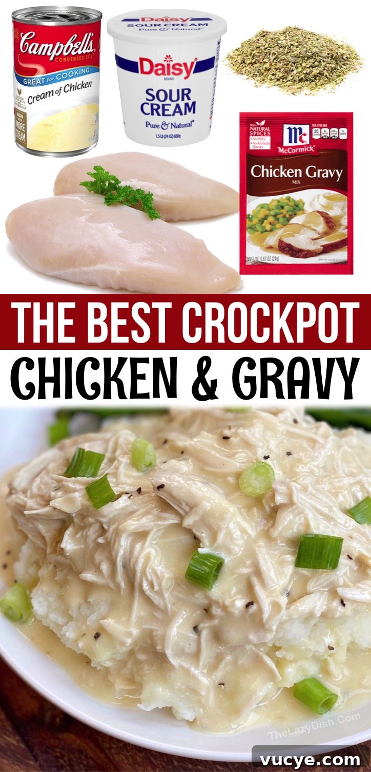 Slow Cooker Chicken and Creamy Gravy Recipe 8 Easy Crockpot Chicken & Gravy - An easy slow cooker dinner recipe for the family! Serve over mashed potatoes, rice or pasta. This simple chicken dinner recipe is perfect for your picky eaters. It's the best weeknight meal for a busy family, and just as good leftover for lunch or dinner the next day. Serve with a side of veggies or salad to make it a complete healthy meal. Your kids are going to gobble it up! If you're looking for easy crockpot dinner recipes, your search ends here with this shredded crockpot chicken and gravy.
