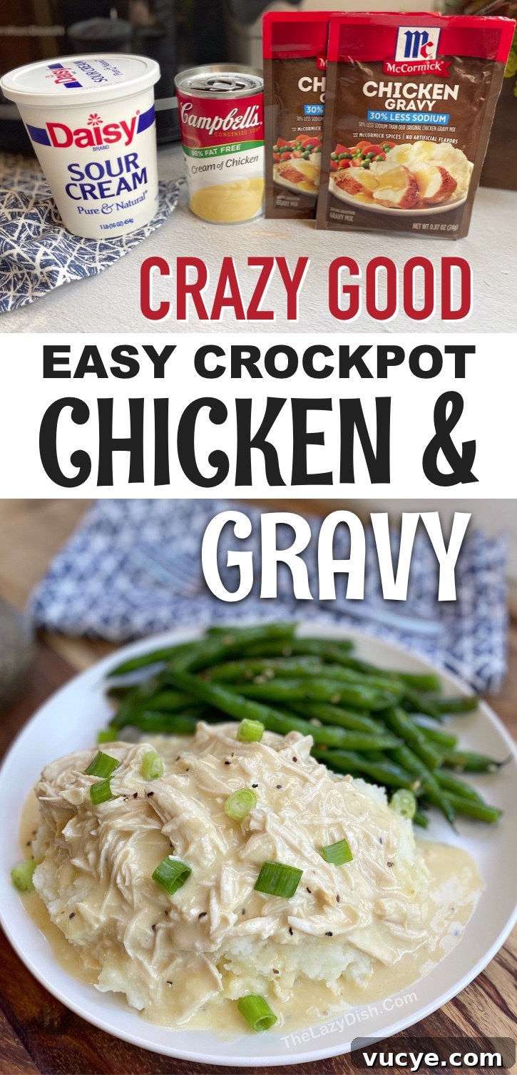 Slow Cooker Chicken and Creamy Gravy Recipe 9 Creamy Slow Cooker Chicken & Gravy -- Looking for family dinner ideas on a budget? This crockpot chicken recipe is so quick and easy to make with simple and cheap ingredients: chicken breasts, cream of chicken soup, sour cream and seasoning. Serve with mashed potatoes, rice or even pasta. It's so good even your kids and picky eaters will LOVE it. This slow cooker dinner recipe is perfect for busy weeknight meals. Serve with a side of veggies to make it healthy. The best crockpot dinner recipe!