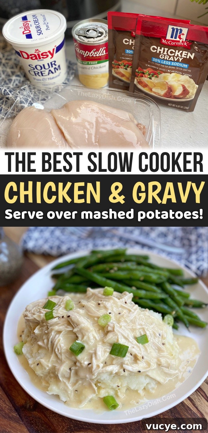 Slow Cooker Chicken and Creamy Gravy Recipe 10 This slow cooker chicken dinner recipe is so simple to make with just a few cheap ingredients! Cream of chicken soup, sour cream and seasoning. It's perfect for a family with picky eaters and hungry husbands. Serve over mashed potatoes or rice. The perfect crockpot main dish for busy weeknight meals! If you're looking for slow cooker chicken dinner recipes, add this simple recipe to your weekly meal plan. Make it healthy with a side veggies. It's just as good leftover!