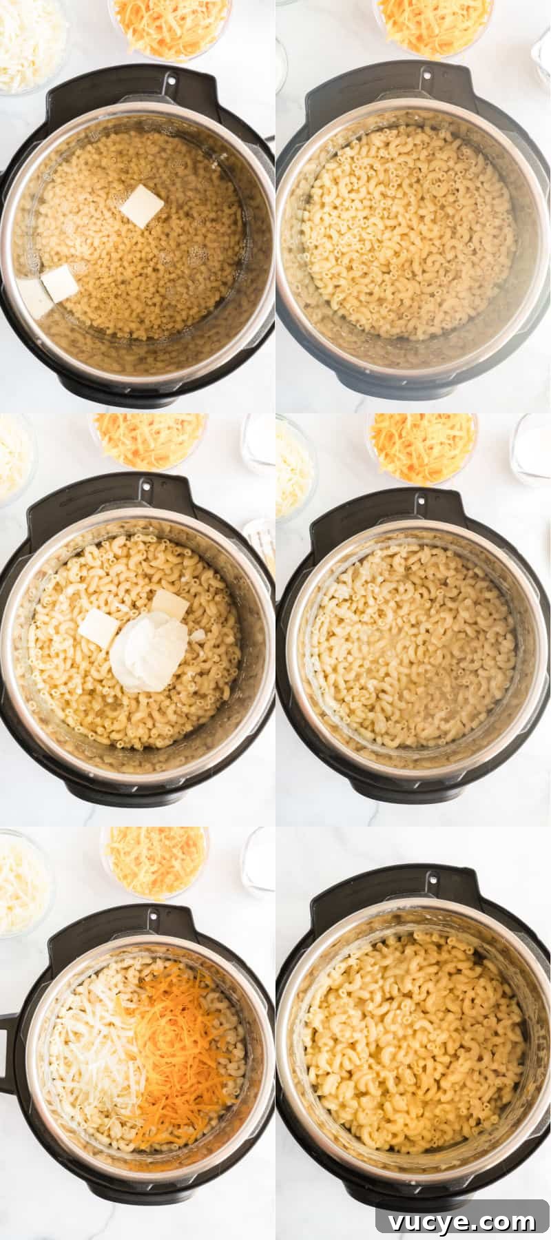 Macaroni and cheese is total comfort food! This easy Instant Pot Mac and Cheese recipe is ready in 30 mins for a dinner your family will love! water, pasta, butter, and seasoning in an instant pot, past after cooking, sour cream, milk, and butter added to cooked pasta in an instant pot, past after stirring in dairy, shredded cheese over pasta, finished mac and cheese in an instant pot