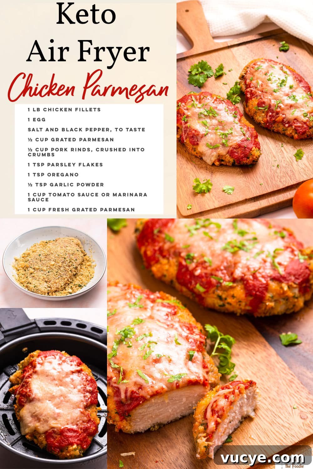 A photo collage of chicken parmesan with listed ingredients.