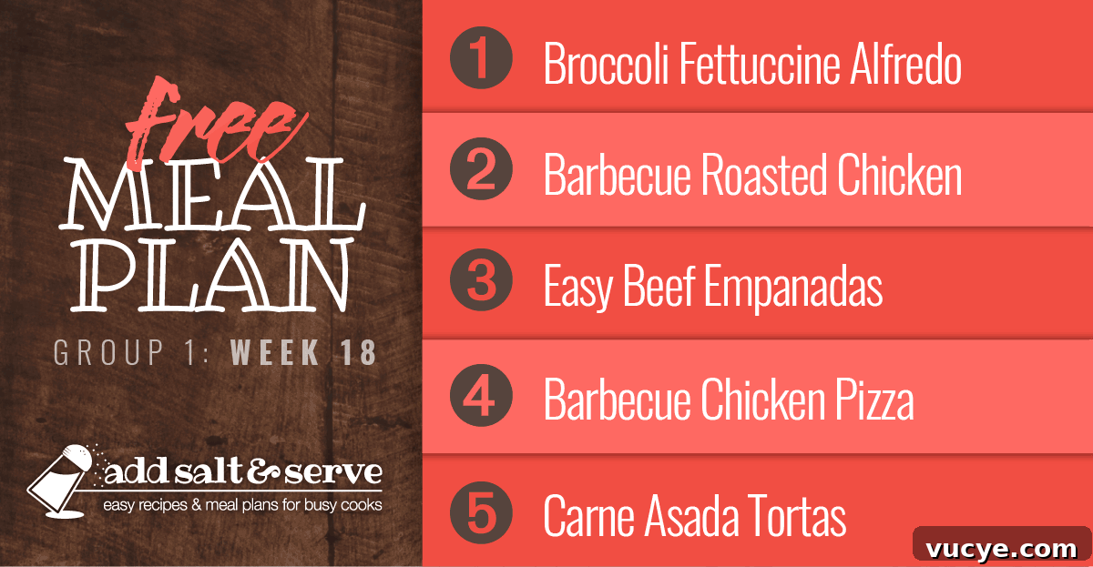 Week 18 Meal Plan for Group 1: Weekly Menu & Grocery List 2 Meal Plan for Week 18 (Group 1) - Broccoli Fettuccine Alfredo, Barbecue Roasted Chicken, Easy Beef Empanadas, Barbecue Chicken Pizza, Carne Asada Tortas