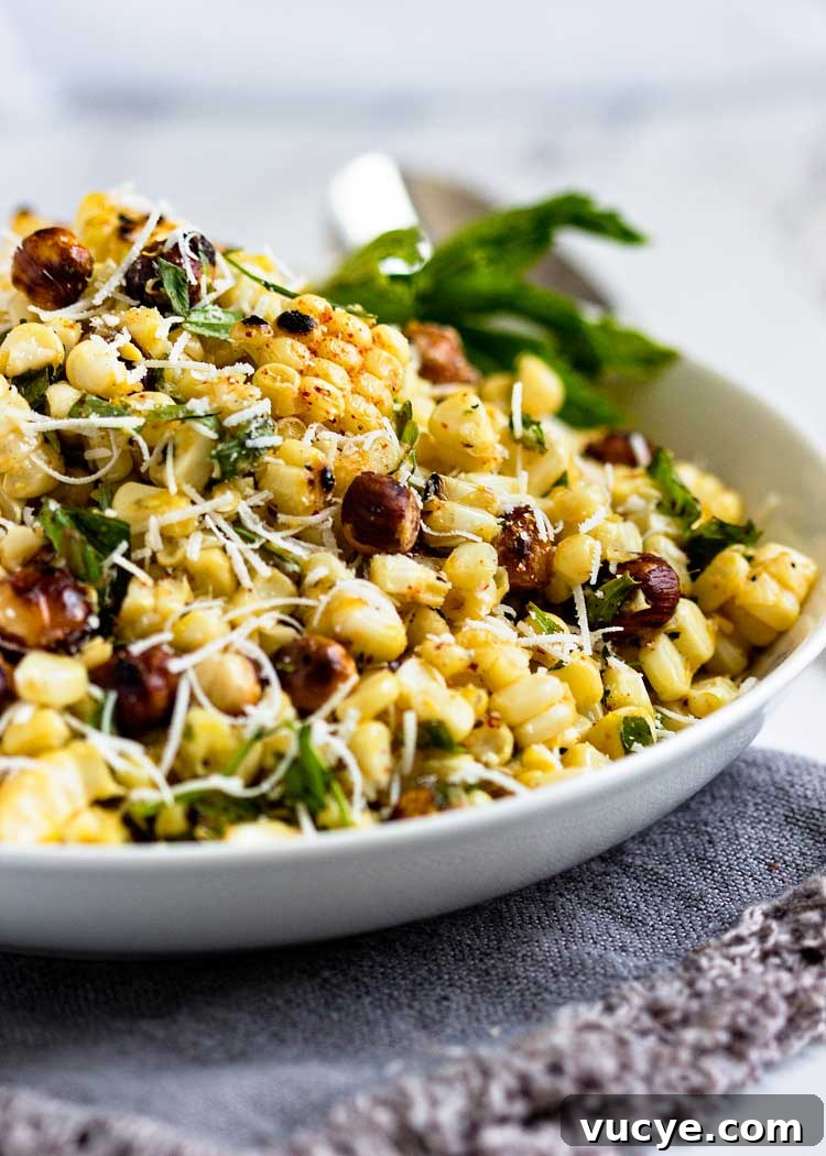 grilled corn salad with hazelnuts in a white bowl