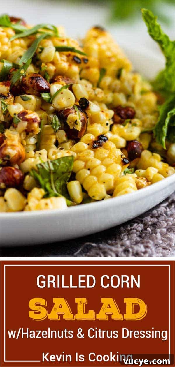 grilled corn and nut salad in white bowl