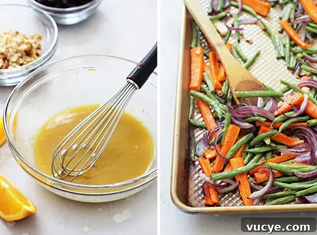 A simple maple tahini orange dressing, roasted green beans and carrots, and whole wheat couscous form the base of this warm vegan couscous salad! Healthy, easy and perfect as a light main dish or side! A glass bowl filled with maple orange dressing and a whisk, and a tray of roasted veggies with a wooden spoon.
