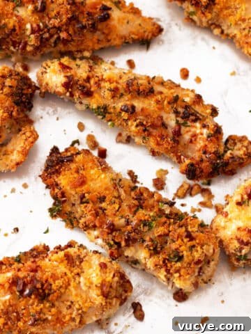 Sheet pan containing 7 air fryer chicken tenders coated in a pecan crust.