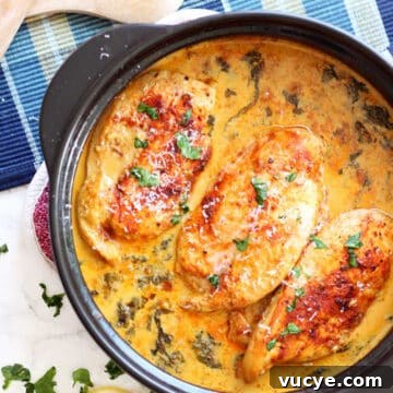 Black pan containing 3 Lemon Butter Chicken Breasts, crossed spoons and lemon slices on table.