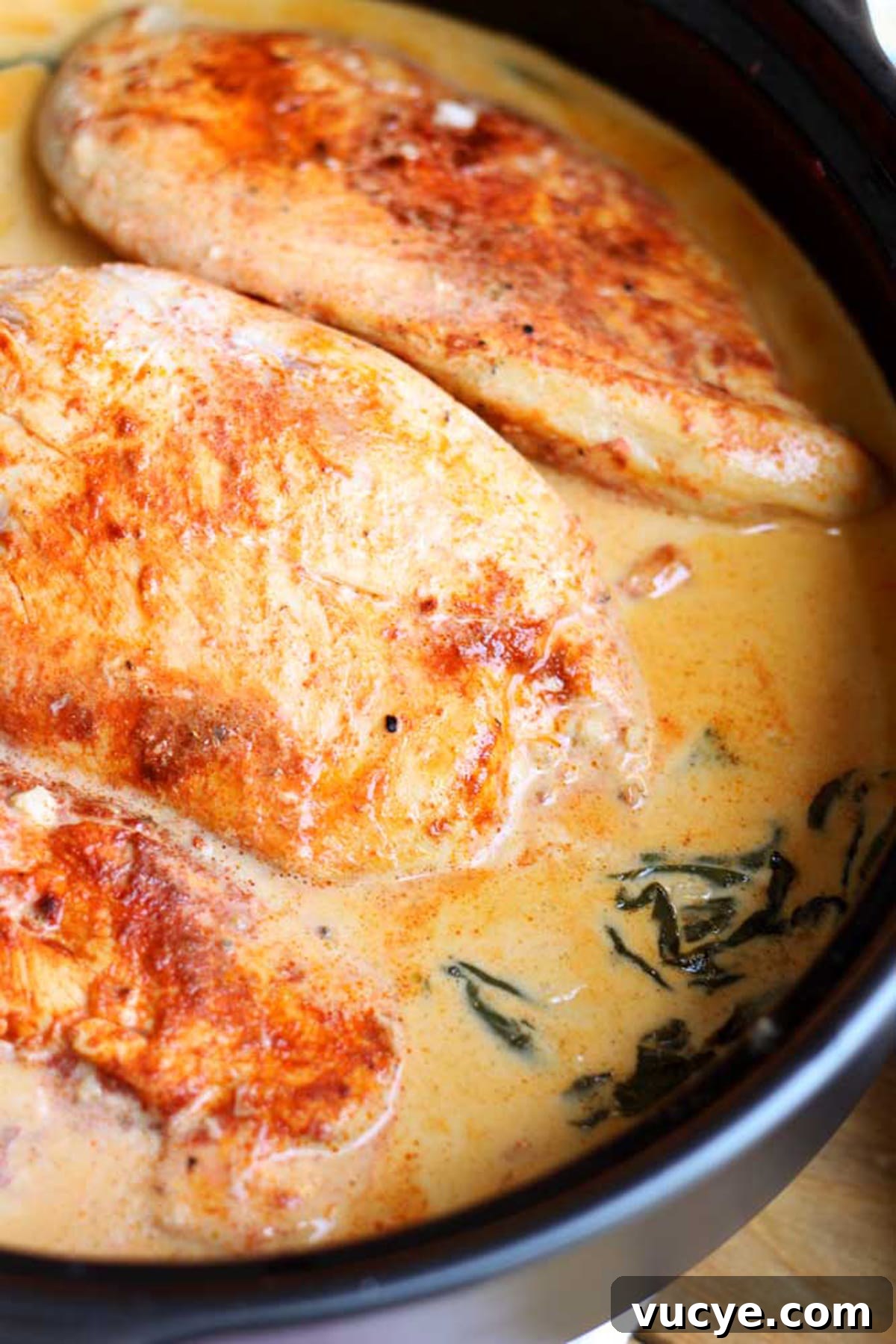 Pan filled with sauteed chicken breasts covered in lemon butter sauce.