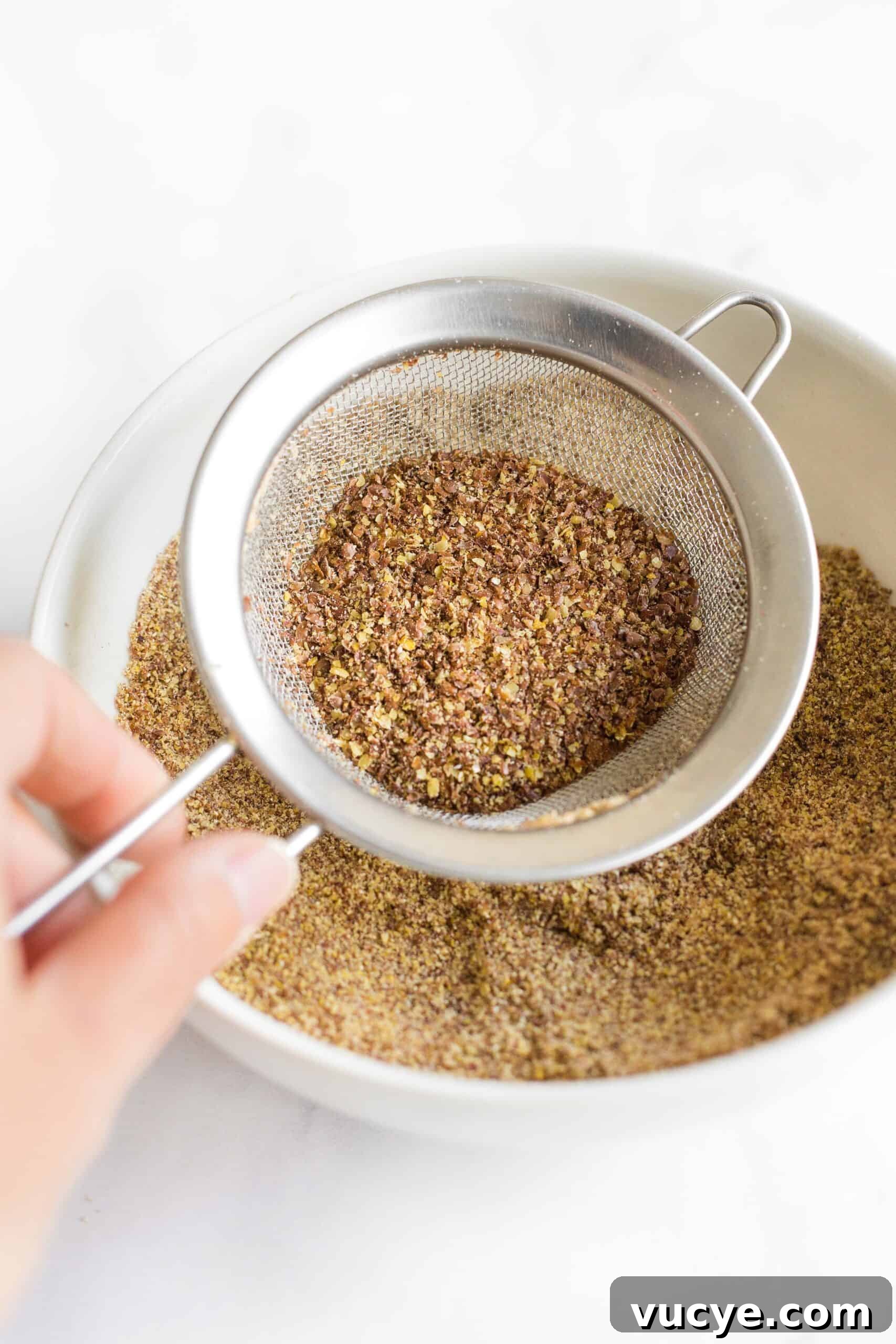 Easy Flaxseed Bread (Gluten-Free, Dairy-Free) Sifting freshly ground flaxseed meal into a bowl.
