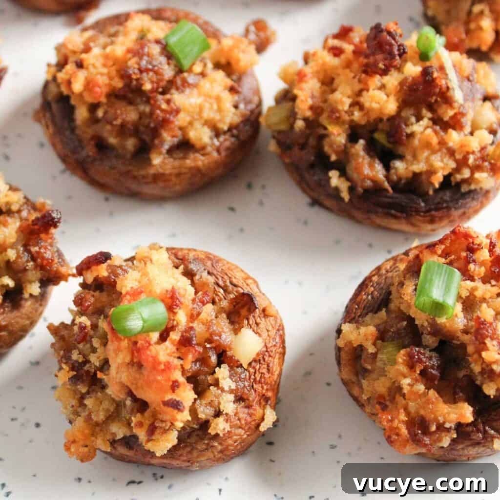 Italian-Style Stuffed Mushrooms with Garlic & Parmesan 10 close up of Italian stuffed mushrooms with chopped green onion garnish