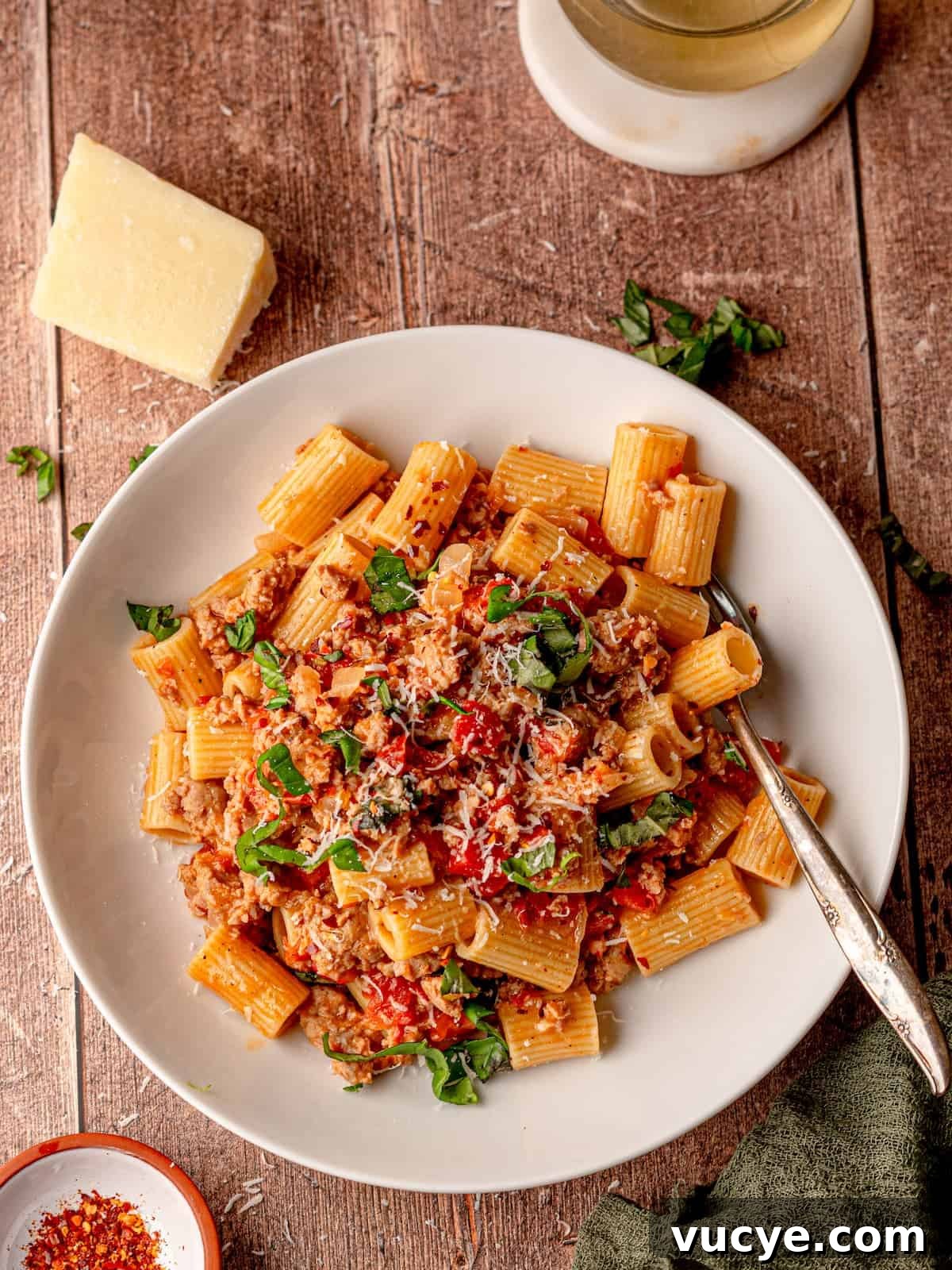 Sausage past sauce over rigatoni in a white bowl.