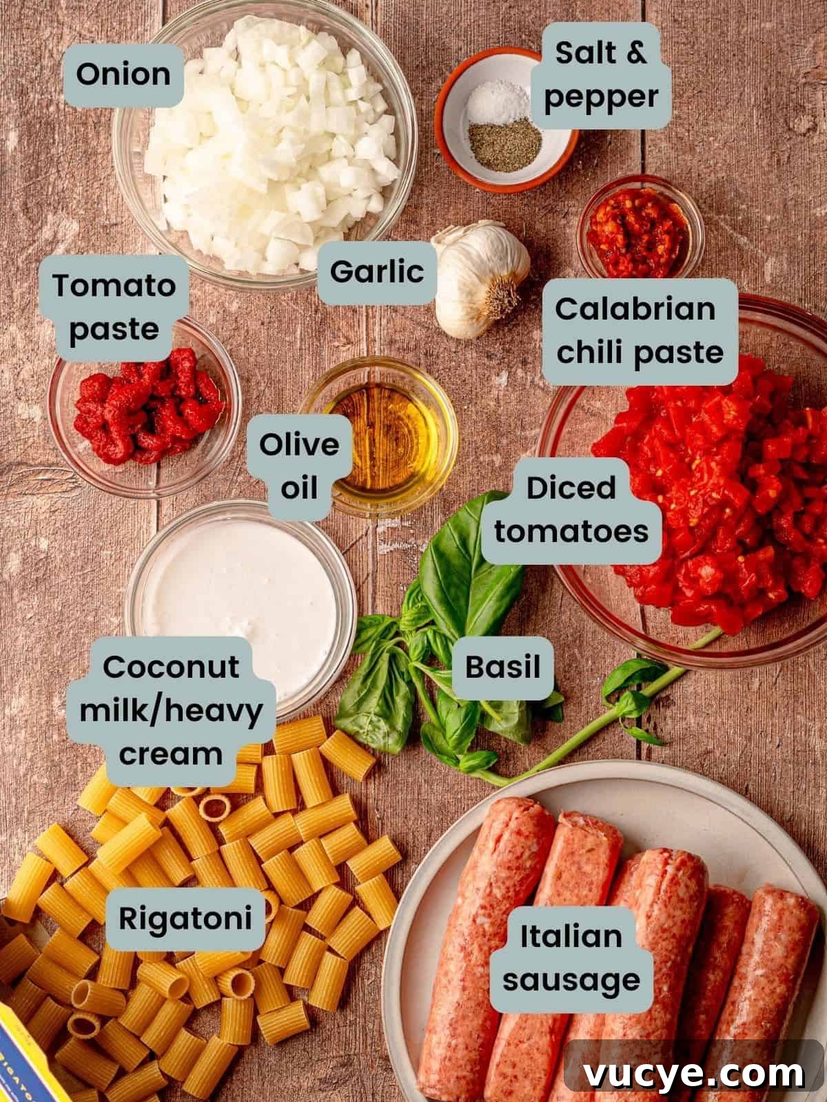 Ingredients in Italian sausage pasta.