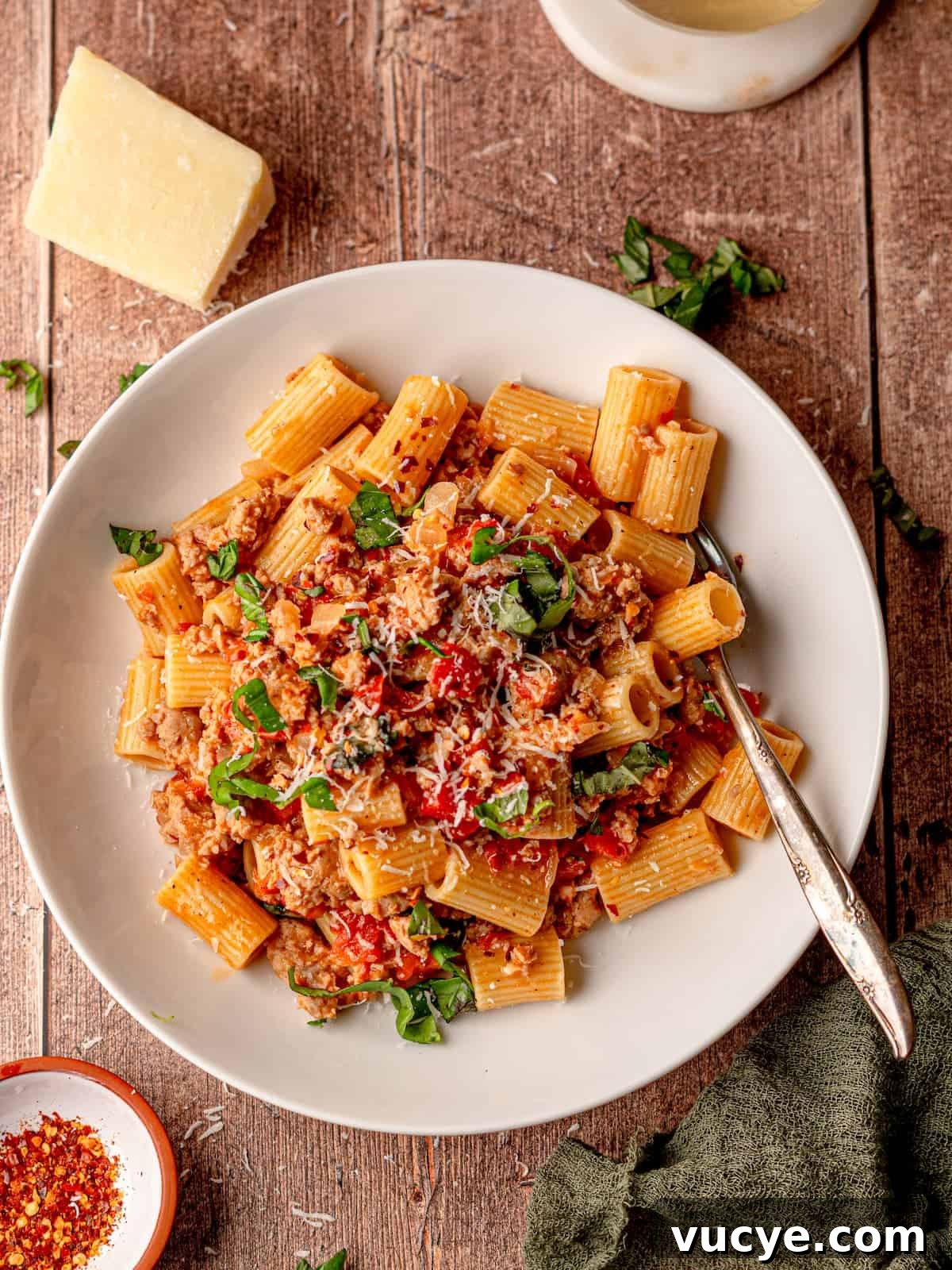 Italian sausage pasta in a white bowl next to a wedge of parmesan cheese.
