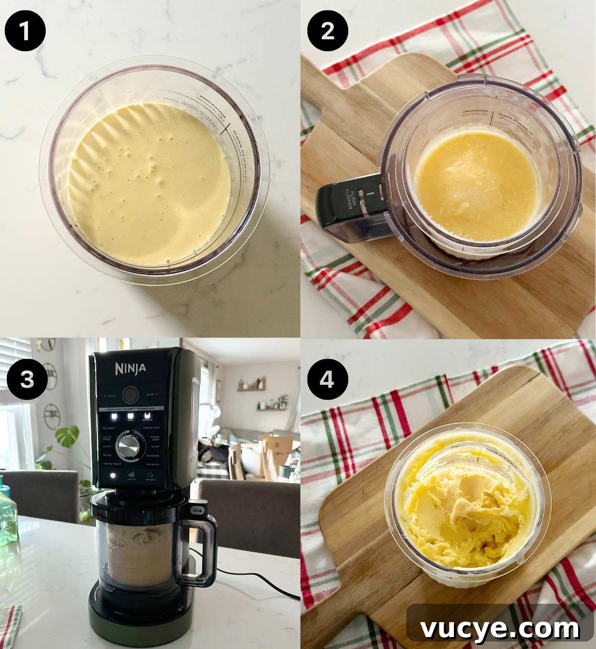Step by step photos showing how to make eggnog ice cream in a Ninja Creami.