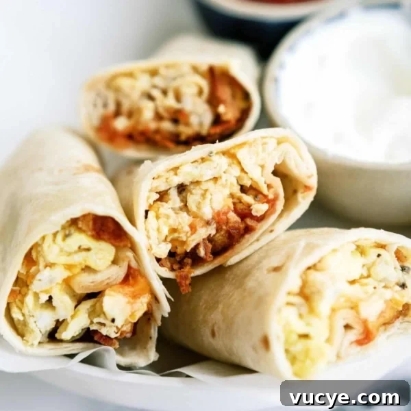 Four breakfast burritos filled with eggs, cheese, and other ingredients are displayed on a white plate. A small bowl of sour cream is next to the burritos.