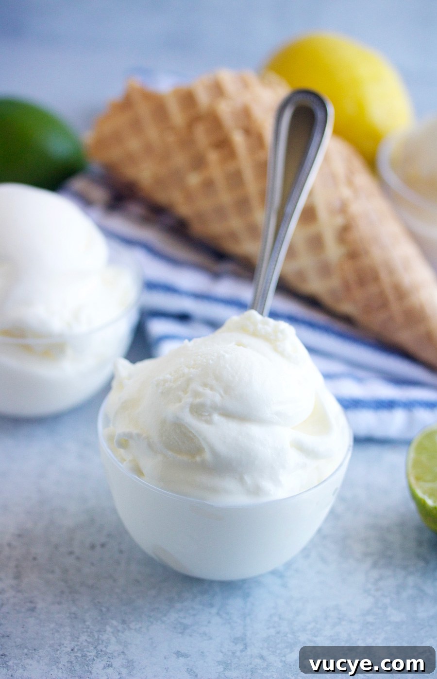 Zesty Lemon-Lime Ice Cream Recipe for Refreshing Homemade Dessert 4 dish of lemon-lime ice cream with waffle cones in the background