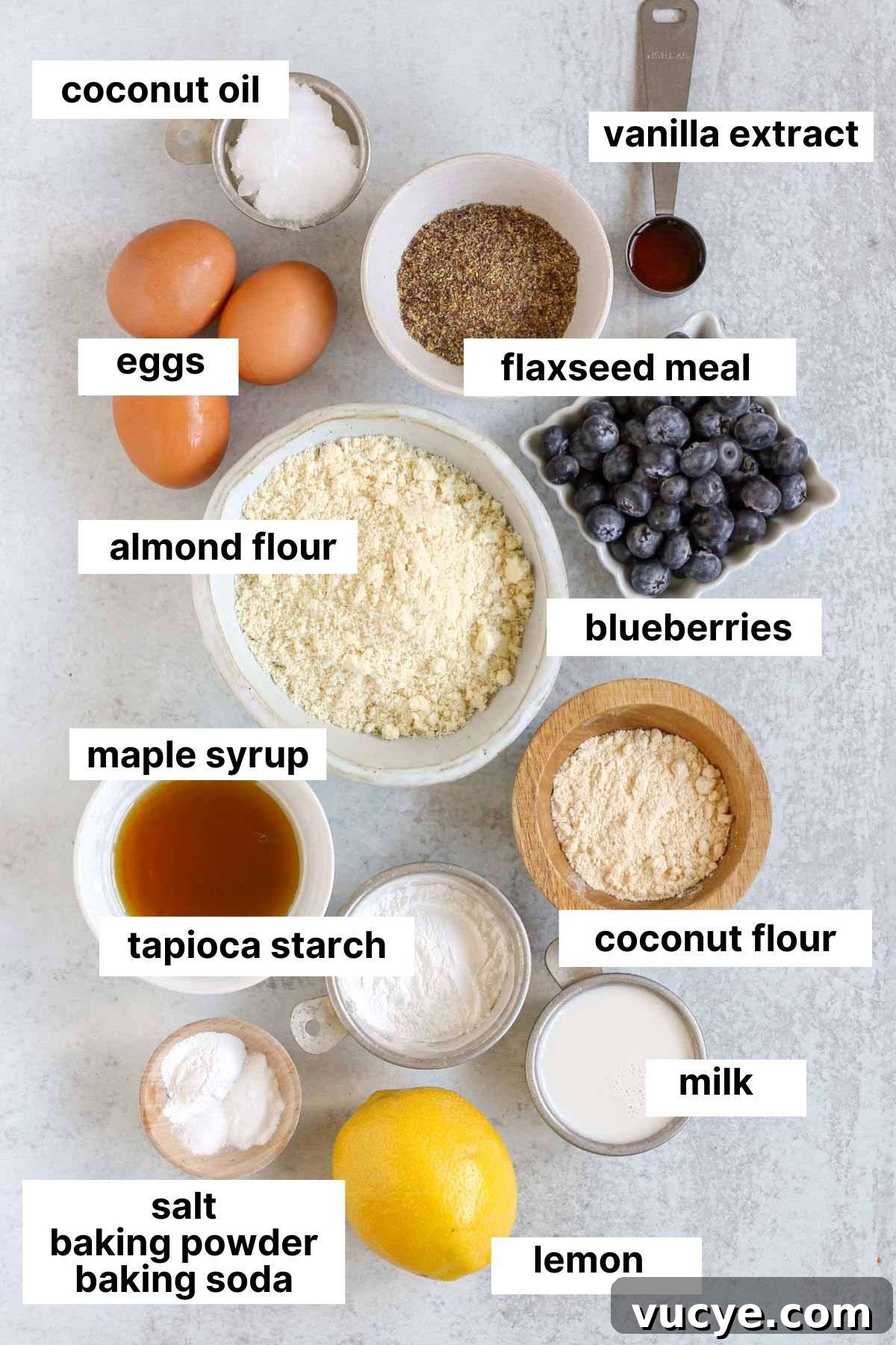 Labeled ingredients for blueberry lemon almond flour bread.