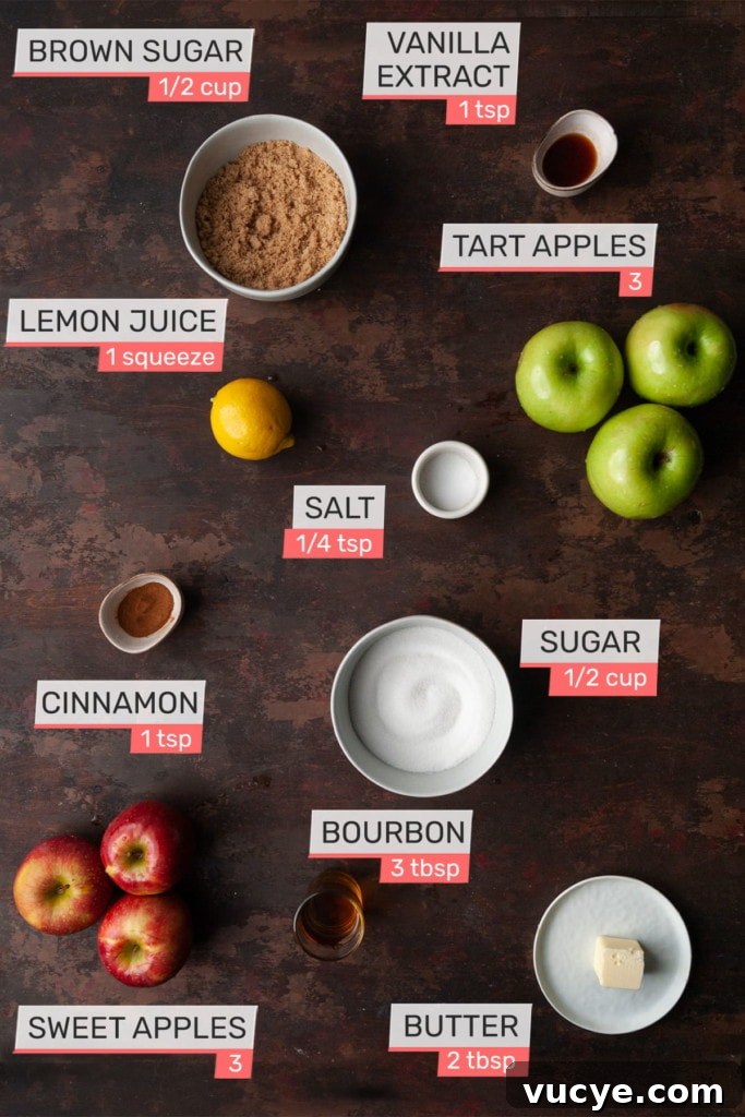Bourbon-Drizzled Drunken Apple Pie Recipe 3 Overhead view of all ingredients for Drunken Apple Pie - brown sugar, vanilla extract, tart apples, sweet apples, lemon, salt, sugar, cinnamon, bourbon, butter.