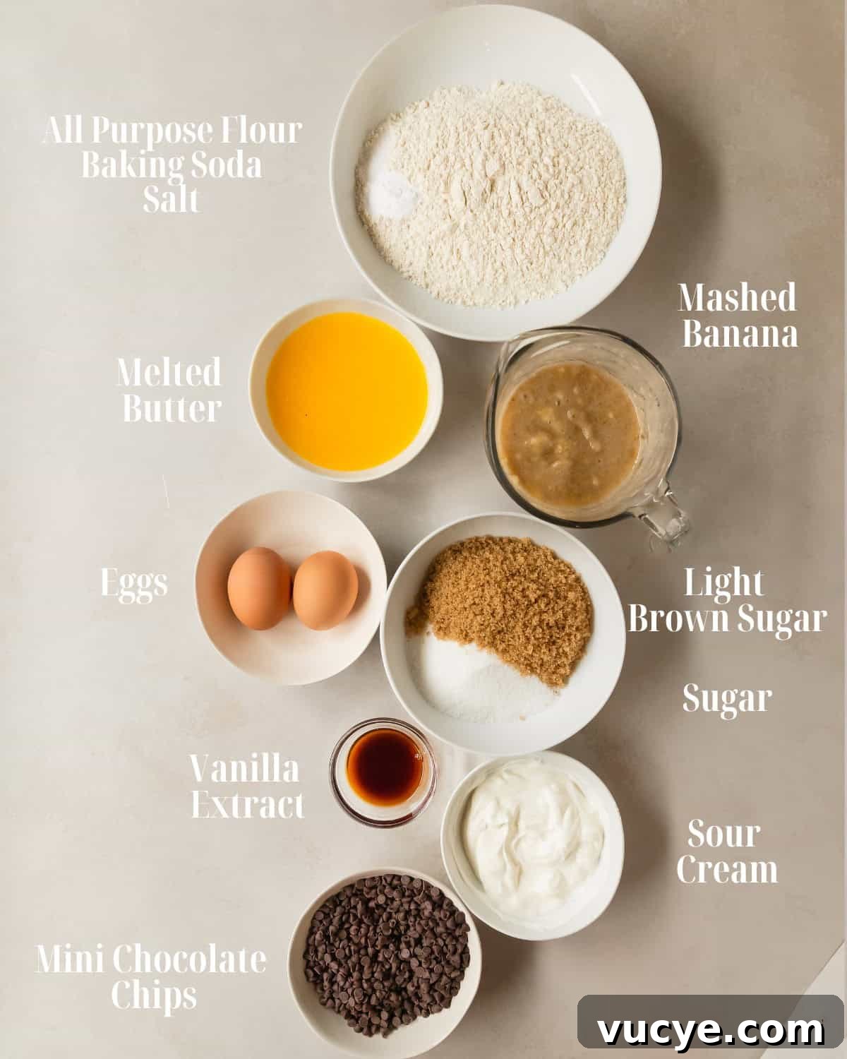 Moist Chocolate Chip Banana Bread Recipe 3 Dry Ingredients: Gather all purpose flour, baking soda and salt. Wet Ingredients: Gather butter, granulated sugar, light brown sugar, mashed bananas, eggs, sour cream, vanilla extract and chocolate chips.