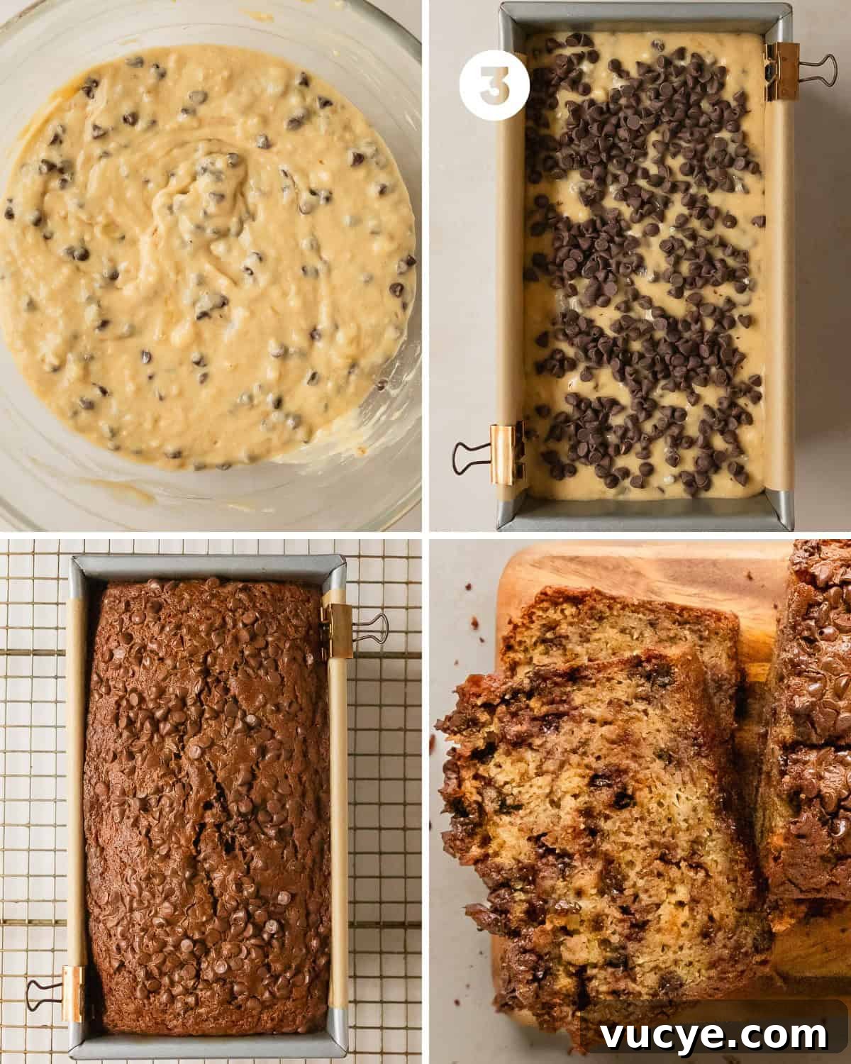 Moist Chocolate Chip Banana Bread Recipe 6 Evenly pour the banana chocolate chi bread batter into the prepared pan. Top with the remaining chocolate chips. Bake the banana bread for 50 - 65 minutes or until a toothpick inserted into the center of the bread comes out with a few moist (not wet or gummy) crumbs. Cool the banana bread in the loaf pan for 15 minutes. Use the parchment sling to lift the bread out of the pan. Fully cool the banana bread for at least an hour at room temperature, slice and enjoy.