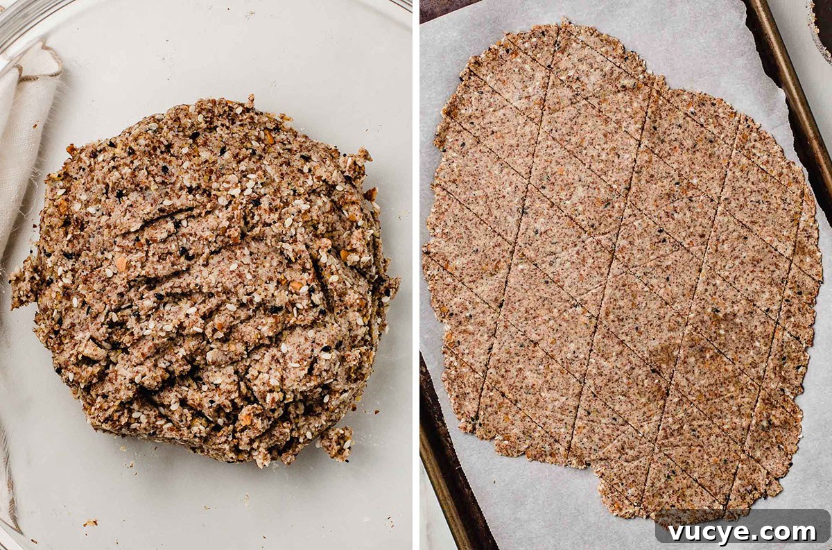 Cracker dough in a bowl and rolled out onto a piece of parchment paper.