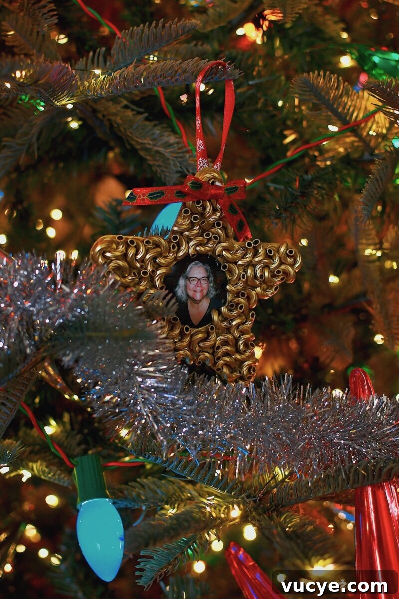 Handmade Pasta Christmas Ornaments: DIY Holiday Decorating Ideas 13 Macaroni Start Pasta Christmas Ornament, photo of my mom on a beautifully decorated tree.