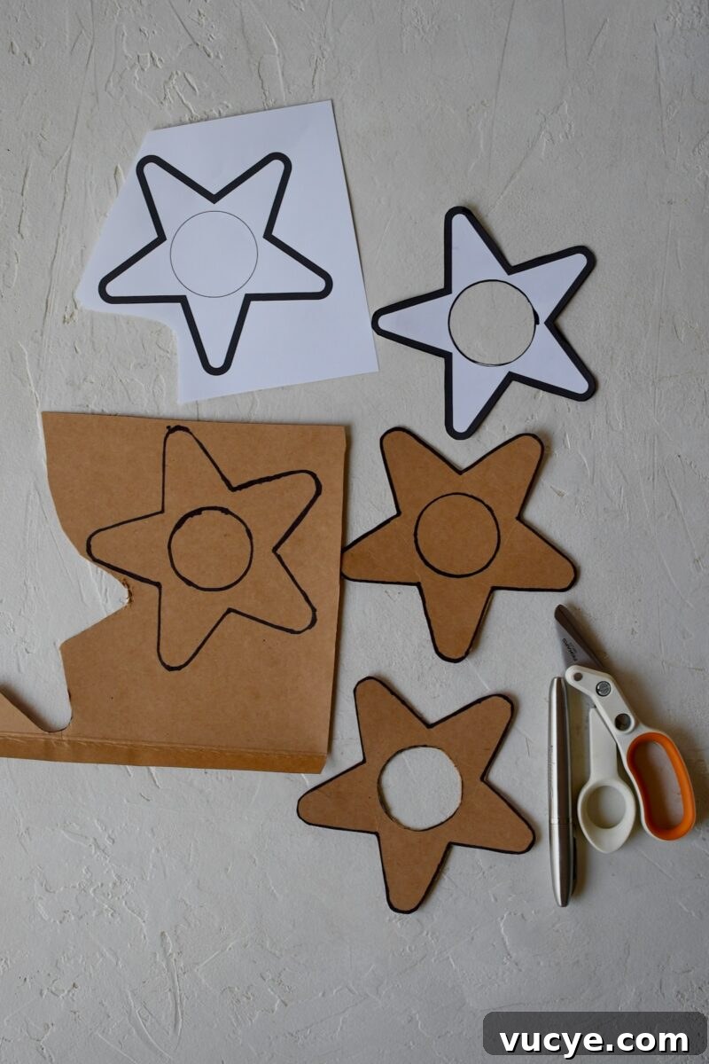 Handmade Pasta Christmas Ornaments: DIY Holiday Decorating Ideas 5 Using a printed star template that has been cut out, to trace and cut out cardboard stars. Example showing each stage.