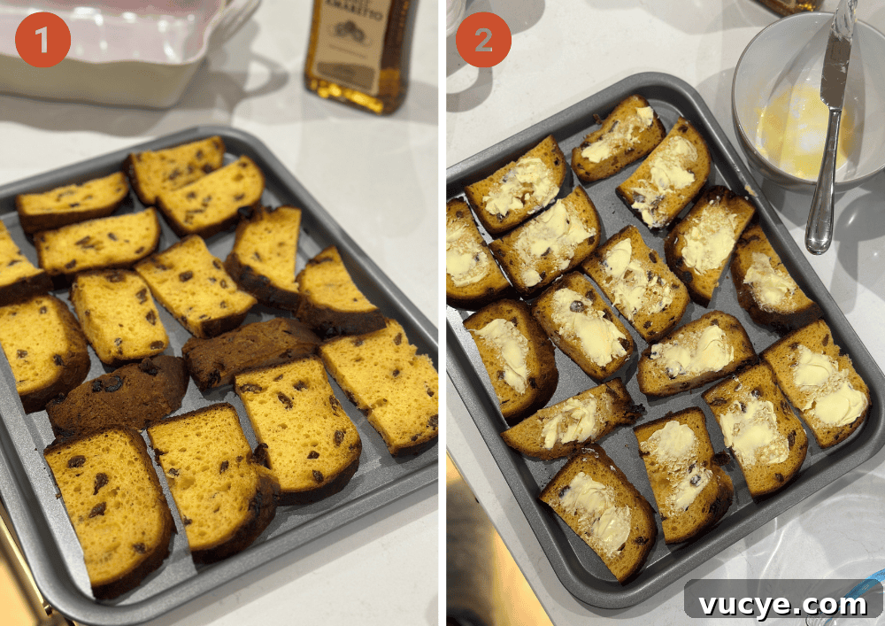 Panettone Bread and Butter Pudding Recipe — Festive Dessert Guide 5 The panettone slices laid out to go stale and then (right) spread with butter.