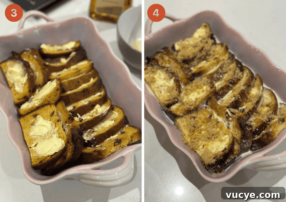 Panettone Bread and Butter Pudding Recipe — Festive Dessert Guide 6 The buttered panettone slices in a dish and then (right) with the custard and sugar on top, before baking.