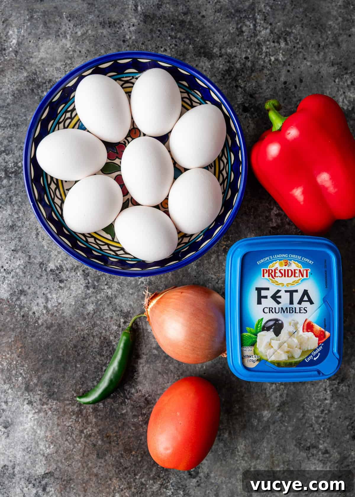 overhead: ingredients needed for Turkish scrambled eggs