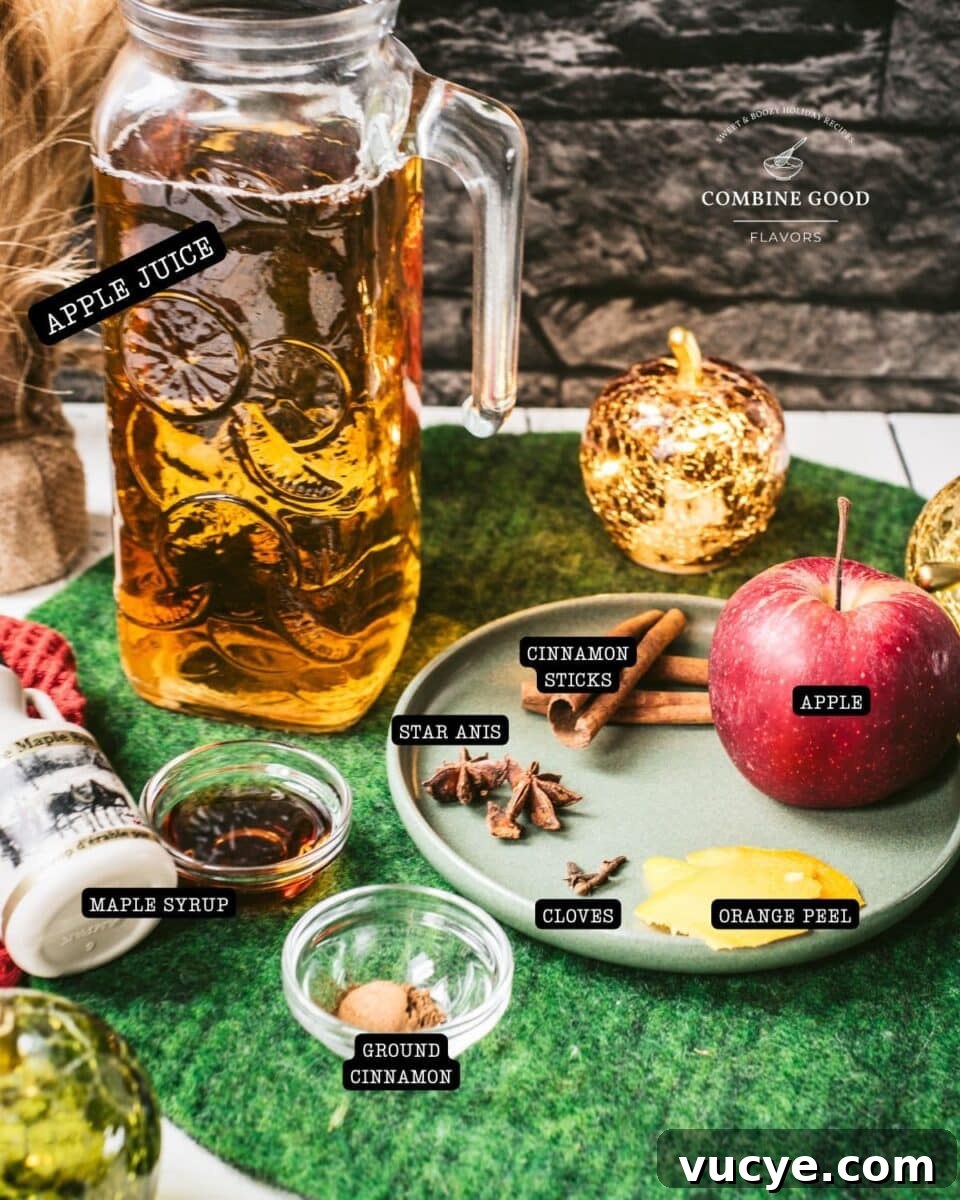 Spiced Apple Cider Recipe: Warm Homemade Mulled Cider 3 Ingredients - spiced apple cider - apple juice, cinnamon sticks, star anis, cloves, orange peel, apple, ground cinnamon, maple syrup.