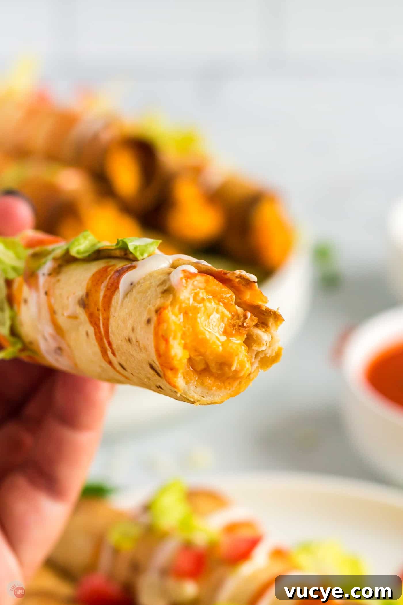 close up of taquito with a bite taken out