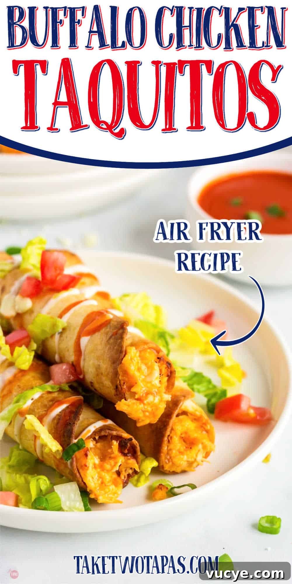 three taquitos with text "air fryer buffalo chicken"